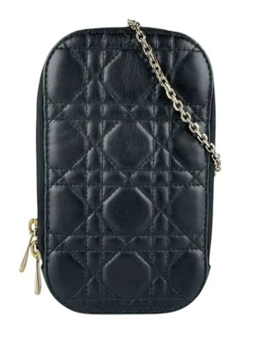 Auth Christian Dior Smartphone Case Phone Pouch Black/Gold Lambskin/Metal z9108